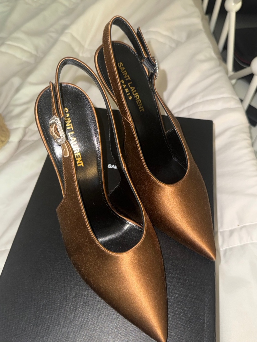 YSL satin brown heels